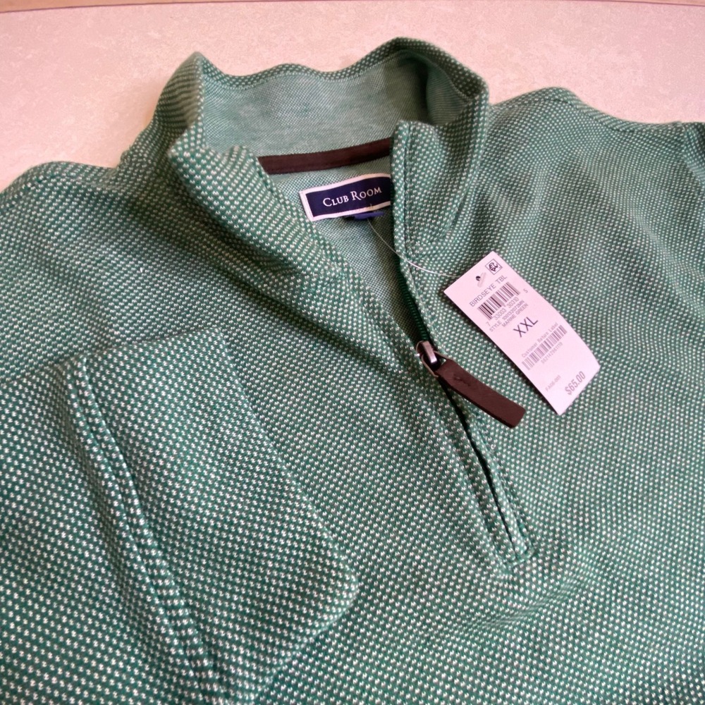 NWT Club Room Mens Golf XXL 1/4 Zip Pullover Marine Green Birdseye 3/4 Sleeve